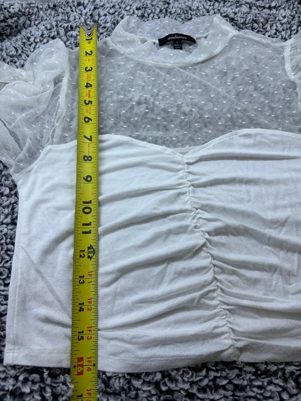 White Coquette Romantic Swiss Dot Mesh Long Sleeve Ruched Sweetheart Crop Top Size L - Image 5
