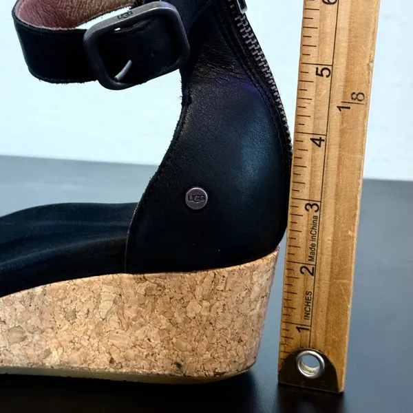 UGG Black Leather Wedge Sandals Womens 8.5 Zoe II Cork Ankle Strap 1102674 - Image 15
