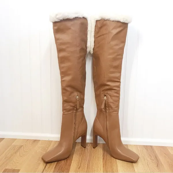 BCBGMAXAZRIA‎ Tan Leather Over The Knee Boot Faux Fur High Block Heel Size 7 - Image 7
