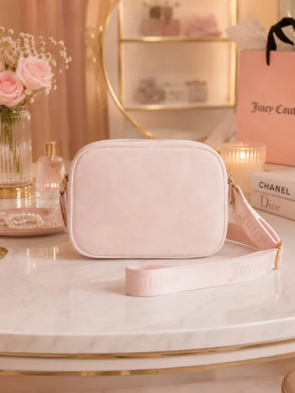 Juicy Couture Let It Shine Pink Velour Glitter Logo Crossbody Bag NWT - Image 5