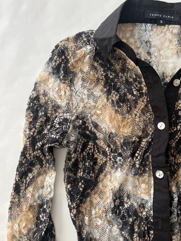 Vintage VTG Tempo Paris 90s Ombre Black Tan Lace Button Down Y2K Collared Top S - Image 3