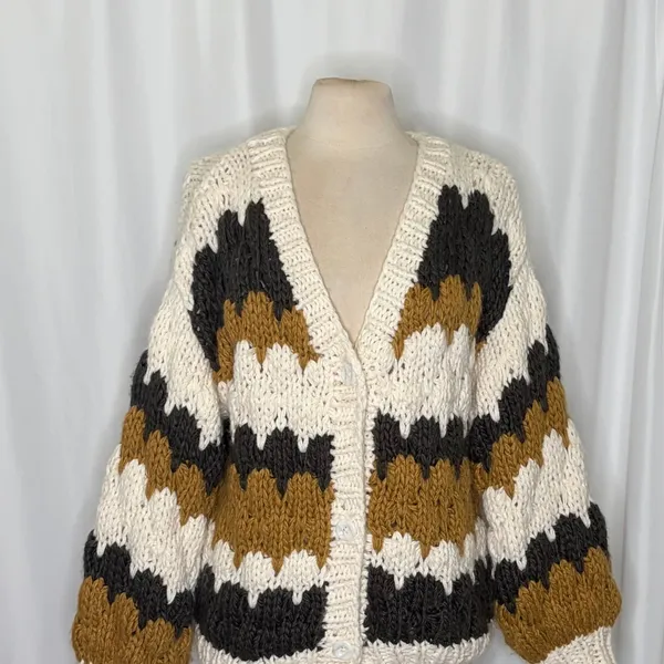 CHICWISH Color Block Hand Knit Chunky Cardigan Sweater Smoke Medium Large - Image 3