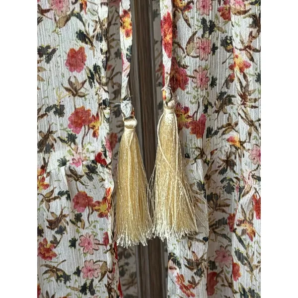 Pink Lily Floral Maxi Duster Women Small Ivory Tassel Boho Resort Cover Up Sheer - Image 9