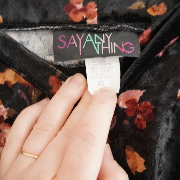 90s Grunge Say Anything‎ Floral Crushed Velvet Skater Mini Skirt XL Black Orange - Image 5