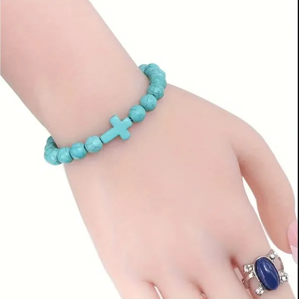 Lovely Faith Vintage-Inspired Turquoise‎ Beaded Bracelet with Cross Pendant - Image 7