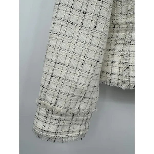 Ann Taylor Tweed Plaid Moto Jacket Sz 6 Cream Black Gold Stylish Office Career - Image 4