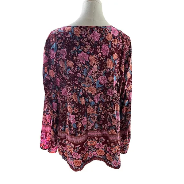 Pretty Garden Boho Cottagecore Blouse Large Pink Floral Tie Neck‎ Peasant Top - Image 7
