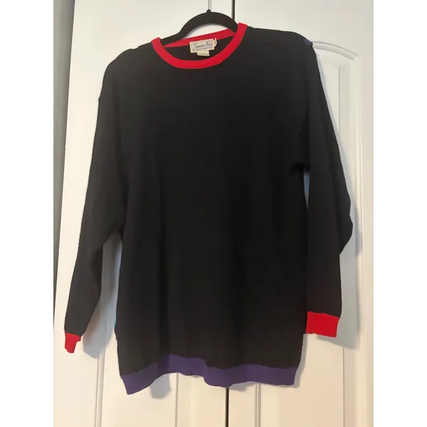 Sweater Bee‎ Black Purple Green Red Trim Long Sleeve Knit Sweater Size S - Image 6