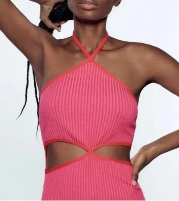 Zara Pink Ribbed Cut Out Mini Dress - Image 5
