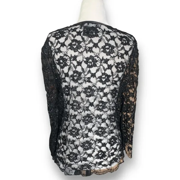 Vintage Laurence Kazar Black Beaded Lace Sheer Open Front Evening Jacket Romance - Image 5