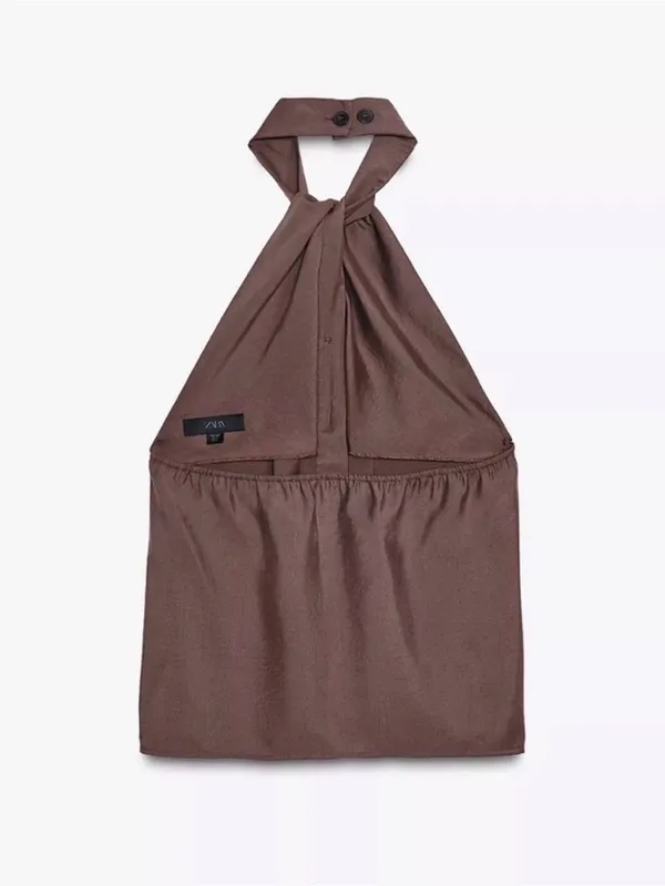 ZARA Women’s Brown Halter Neck Button-Front Top - Image 7