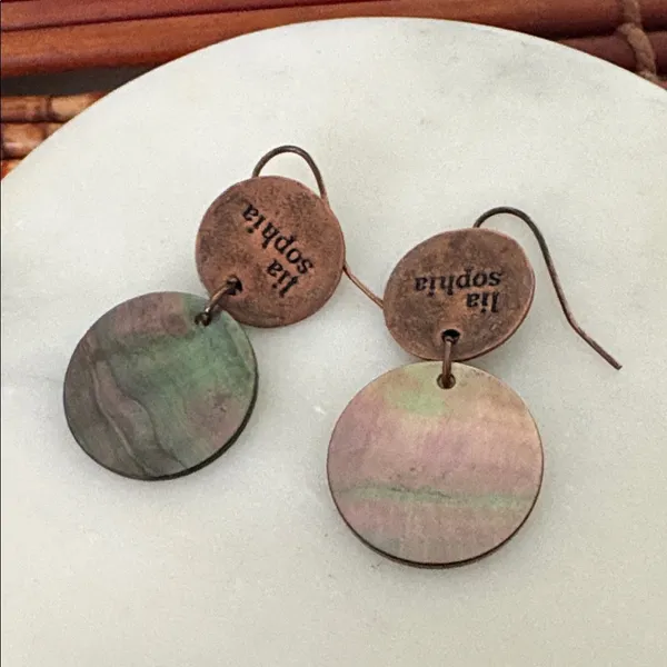 Lia Sophia Layered Hammered Copper and Iridescent Shell Drop Earrings - Image 5