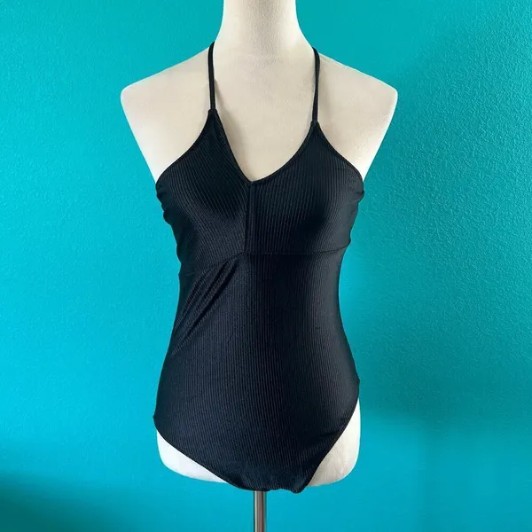 NWT Aerie Shine Rib One Shoulder Full Coverage One Piece Swimsuit Black Size M - Image 3