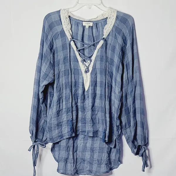 Anthropologie Umgee plaid tassel tie vneck lace blue checkered country Top Sz M - Image 2