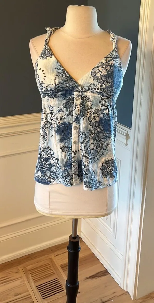 Self Esteem Tank Blue White Print Peplum Shirt Cotton Blend Medium - Image 6