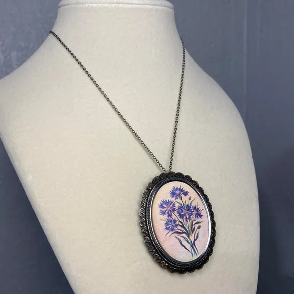 BLUE CORNFLOWERS BROOCH PIN NECKLACE CHAIN - Image 2