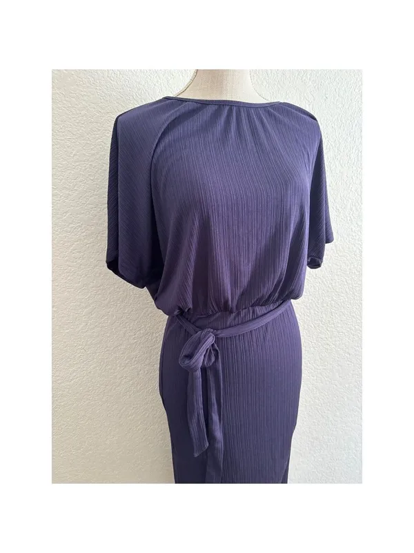 Shein Plisse Ribbed Midi Dress Womens Size Large Purple Belted‎ Dolman Boat Neck - Image 2