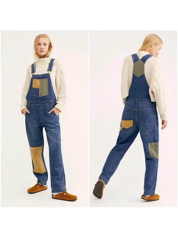 $128 We the Free Free people Carpenter Patched Dungarees jean overalls S - Image 2