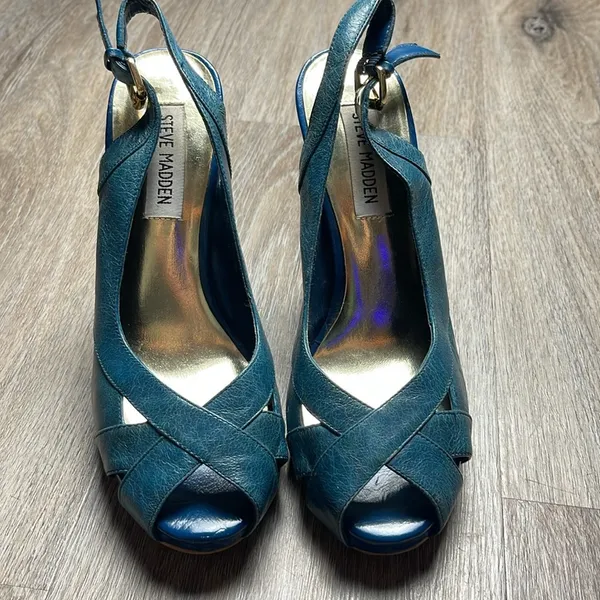 Steve Madden Leather Marlene Teal Peep Toe Heels - Image 4