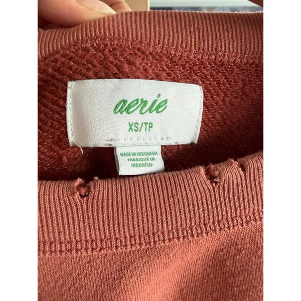 Aerie Women XS Terracotta Rust Distressed Cropped Raglan Crewneck Sweatshirt - Image 3