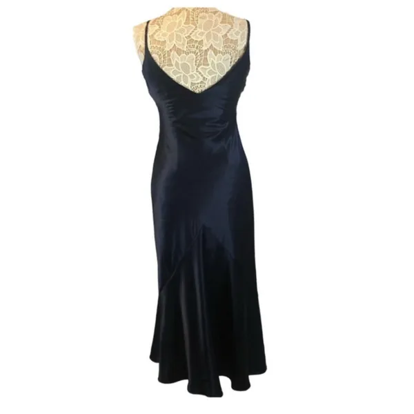 Y2K Alex Evenings navy beaded slip cowl neck floral satin formal Gown small - Image 3