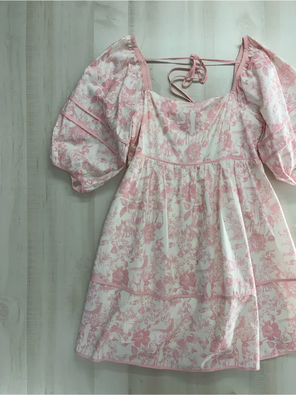 LOVELO Woodland animal toile printed pink puff sleeve dress 1XL - Image 3