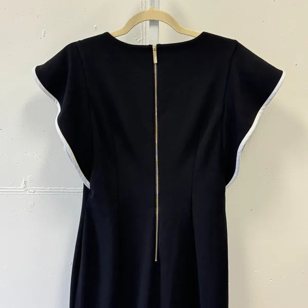Calvin Klein‎ Black Flutter Sleeve Sheath Dress White Trim Size 8 Gold Zipper - Image 4