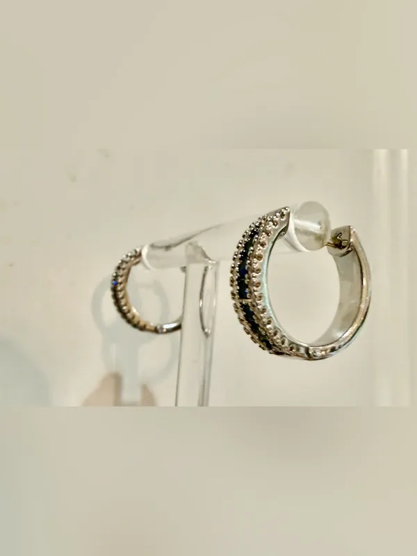 Small Navy and White CZ Huggie Hoop Earrings - Image 2