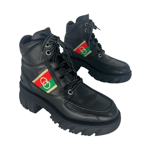 Gucci Romance‎ Web Stripe Lug Sole Leather Lace-Up Ankle Boot Black 38 - Image 5