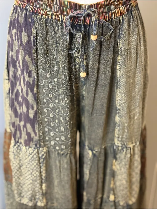 Young Threads Boho Tiered Patchwork Pants in Olive Multi Sz L - Image 3