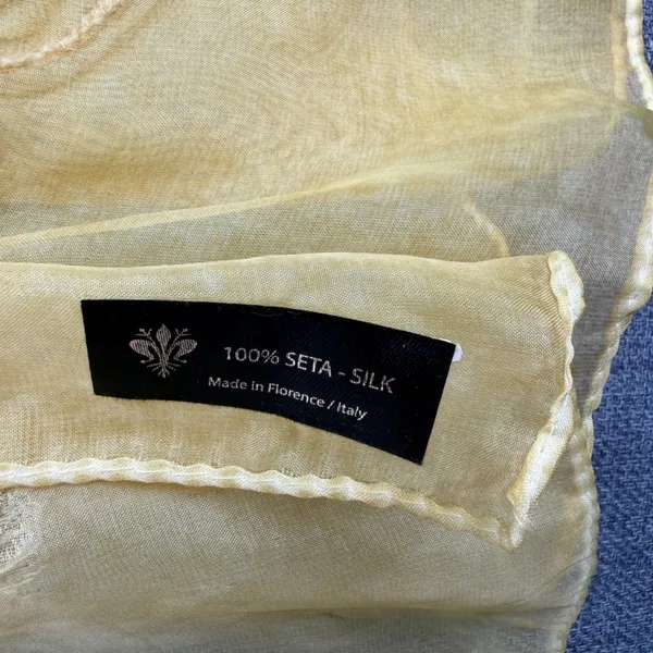 100% Silk Scarf Sheer Gold Yellow Floral Embroidered Sheer Made in Italy Boho - Image 3