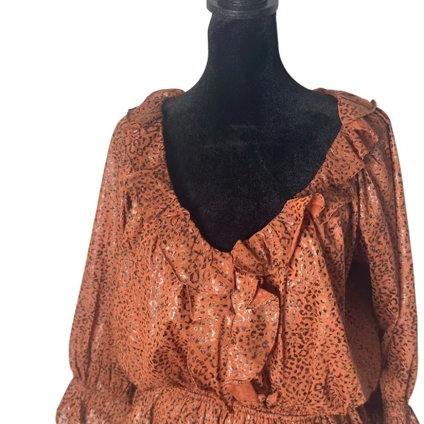 Entro Leopard Print Ruffled Peplum Blouse Womens S Brown V Neck 3/4 Sleeve NEW - Image 5