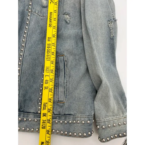 POL Denim Jean Jacket Womens S Blue Studded‎ Distressed Oversized - Image 6