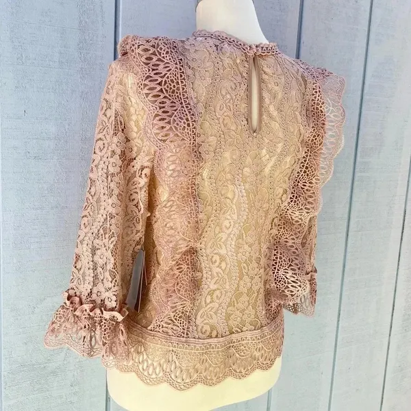 Melograno Rico Lace Blush Blouse See-through Top Long Sleeve Size Small - Image 4