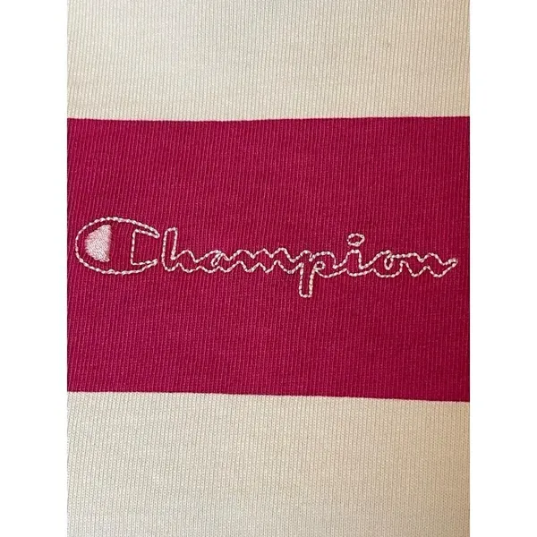 Champion Pink And‎ White Striped Crew Neck Pullover Cropped Sweatshirt Size S - Image 10