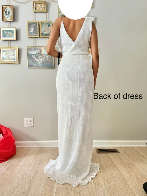 WHITE SEQUIN SLEEVELESS CHAIN CROSS WRAP V NECK DRAPE SPLIT MAXI DRESS - Image 5