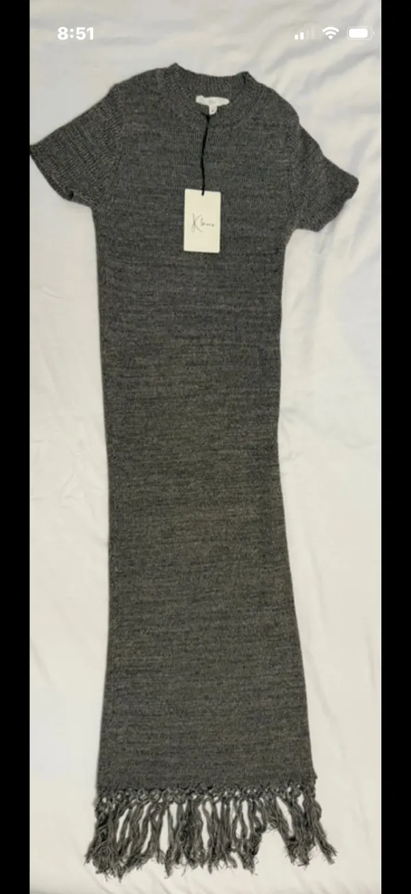 Heather gray marled fringe hem knit dress from the boutique brand Klesis - Image 5