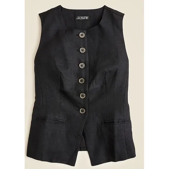 J Crew Top Womens 2 Black Linen Blend Vest‎ Sleeveless Button Up Classic CI309 - Image 2