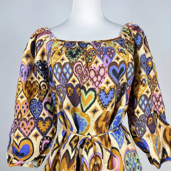 NWOT Farm Rio Hearts Ikat Cream Long-Sleeve Mini Dress Size M - Image 3