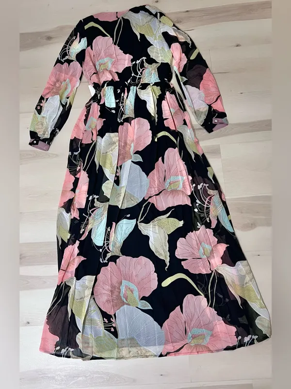 Lulus NWT Women Medium Black Pink Floral Lily Print Maxi Dress Summer Wedding - Image 16