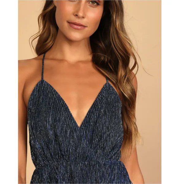 Lulus Tiered Mini Dress Womens Size Medium Blue Silver Metallic Pleated Cocktail - Image 3