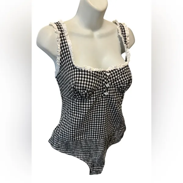 Intimately Free People Cassie Gingham Ruffle Bodysuit L Black White Milkmaid - Image 6