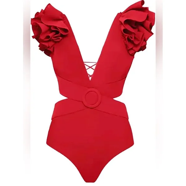 Red Ruffle Shoulder Cutout One-Piece Swimsuit NEW Medium - Image 10