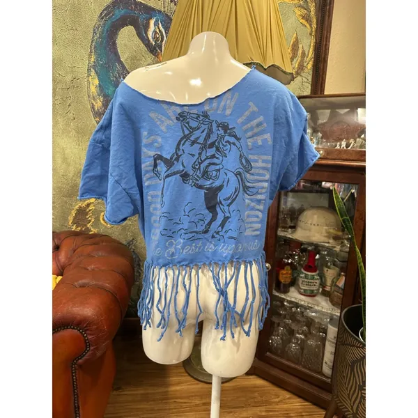 Custom Blue Fringe Cowboy Graphic Crop Top Boho Southwestern Festival Shirt L - Image 4