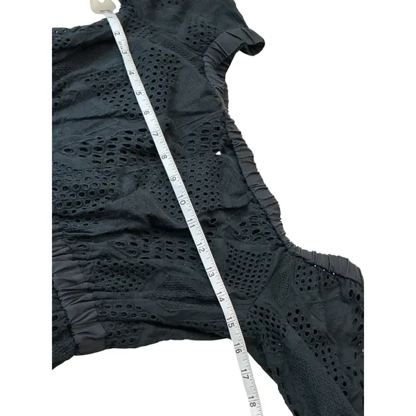 Milly Black Eyelet Cotton Mini Dress 3/4 Puff Sleeve Elastic Waist Pockets‎ P - Image 8