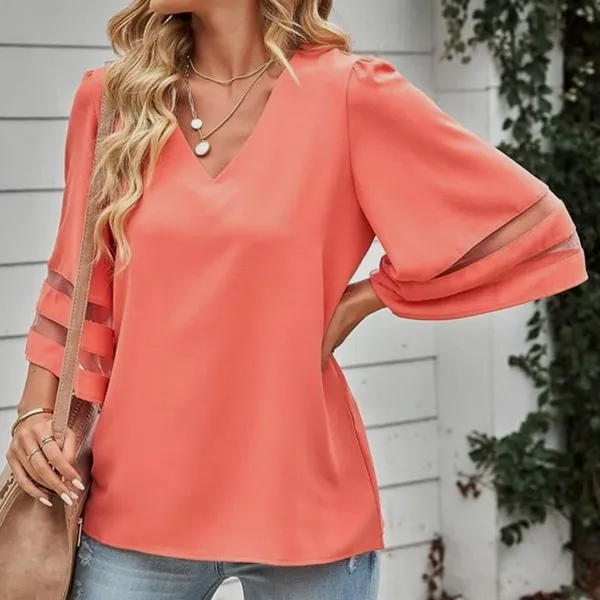 Casual V Neck 3/4 Bell Sleeve Mesh Panel Blouse Coral XL - Image 3
