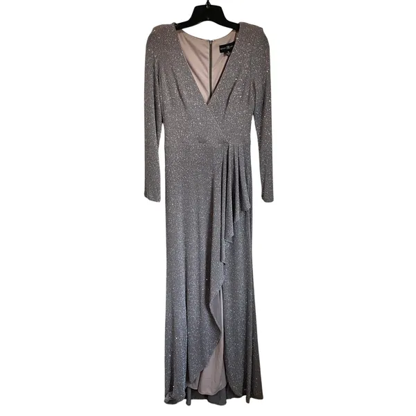 Betsy & Adam Long Sleeve Glitter Knit Gown‎ maxi ball gown prom wedding Size 8 - Image 3
