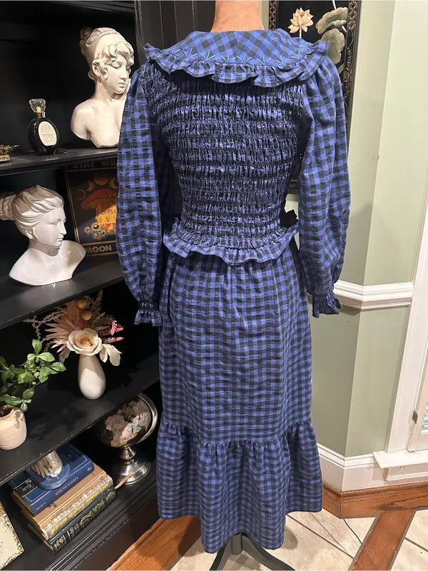 MANGO Blue & Black Gingham Smocked Babydoll Dress – Size 2 - Image 10