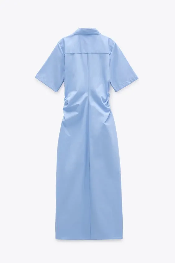 ZARA Blue Ruched Buttoned Slit Midi Dress - Image 4