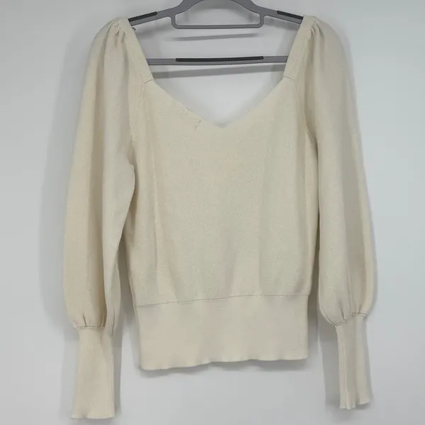 Anthropologie Cream Knit Puff Sleeve V-Neck Sweater Top Size S Romantic Ballet‎ - Image 2